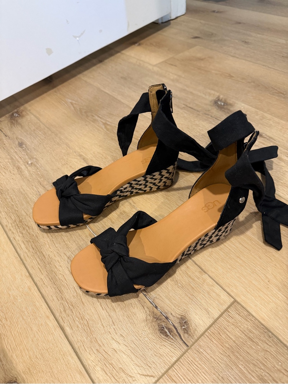 UGG Black Knotted Ankle-Tie Wedge Sandals